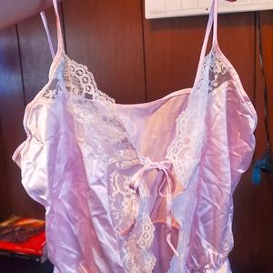 (M) vintage lingerie light pink + white lace/silk teddy bodysuit